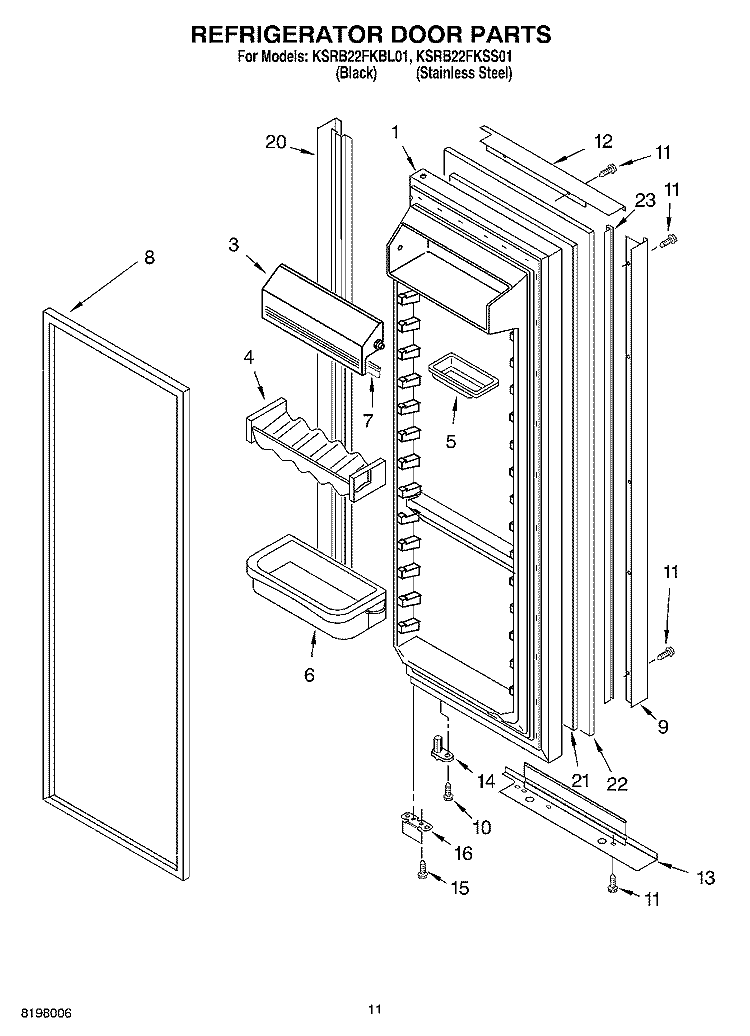 REFRIGERATOR DOOR Diagram and Parts List for KSRB22FKBL01  KitchenAid Refrigerator