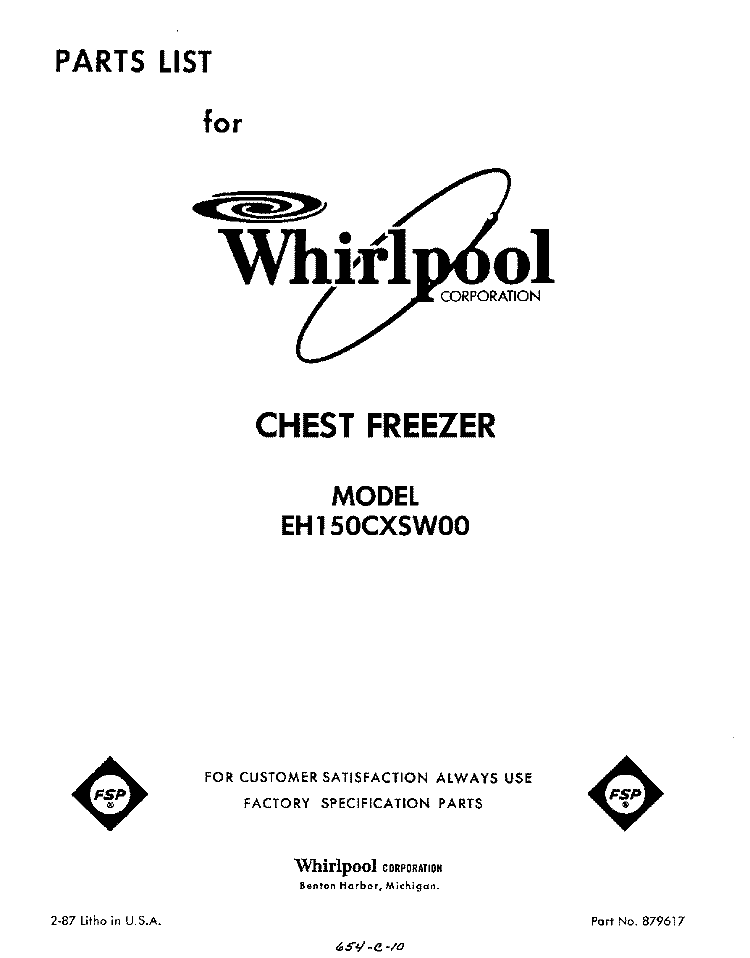 SECTION Diagram and Parts List for EH150CXSW00  Whirlpool Freezer