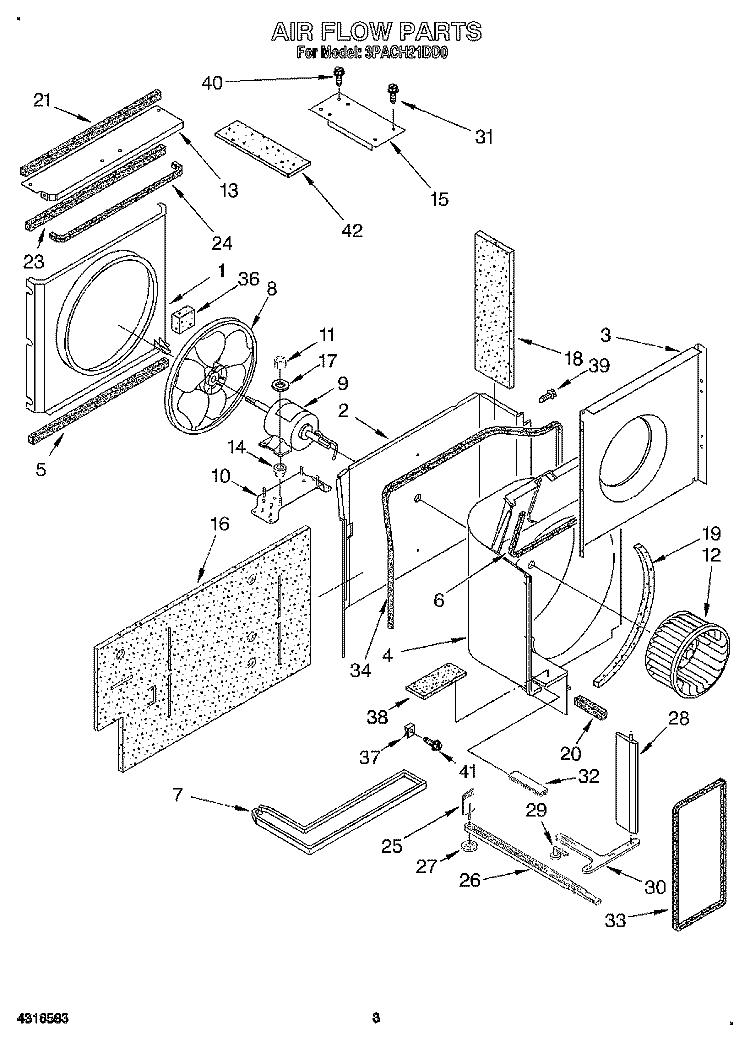 AIR FLOW Diagram and Parts List for 3PACH21DD0  Whirlpool Air Conditioner