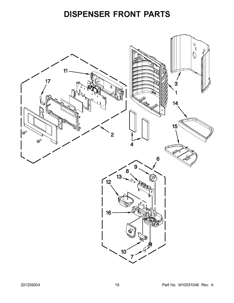 DISPENSER FRONT PARTS Diagram and Parts List for GZ25FSRXYY4  Whirlpool Refrigerator