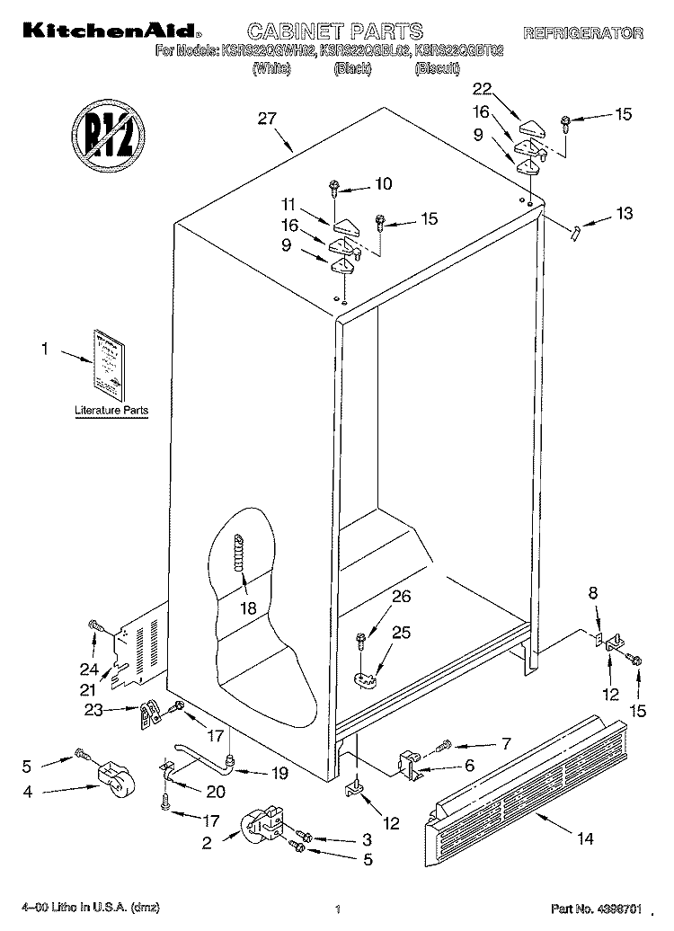CABINET, LITERATURE Diagram and Parts List for KSRS22QGWH02  KitchenAid Refrigerator