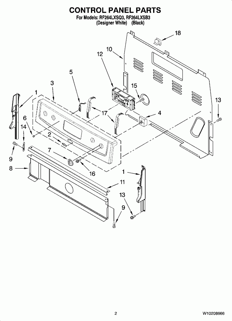 CONTROL PANEL PARTS Diagram and Parts List for RF264LXSB3  Whirlpool Range