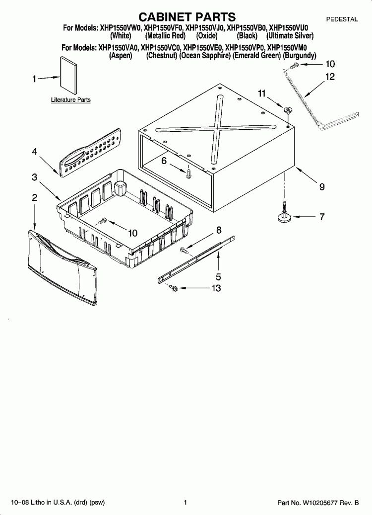 CABINET PARTS Diagram and Parts List for XHP1550VA0  Whirlpool Laundry Accessories