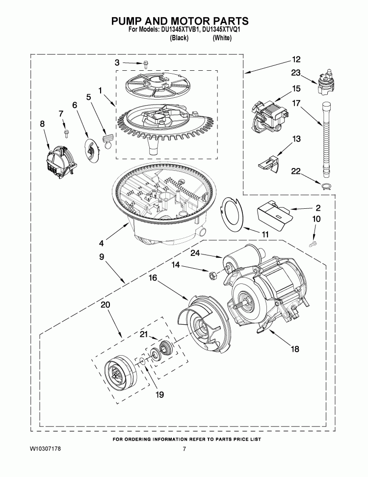 PUMP AND MOTOR PARTS Diagram and Parts List for DU1345XTVQ1  Whirlpool Dishwasher