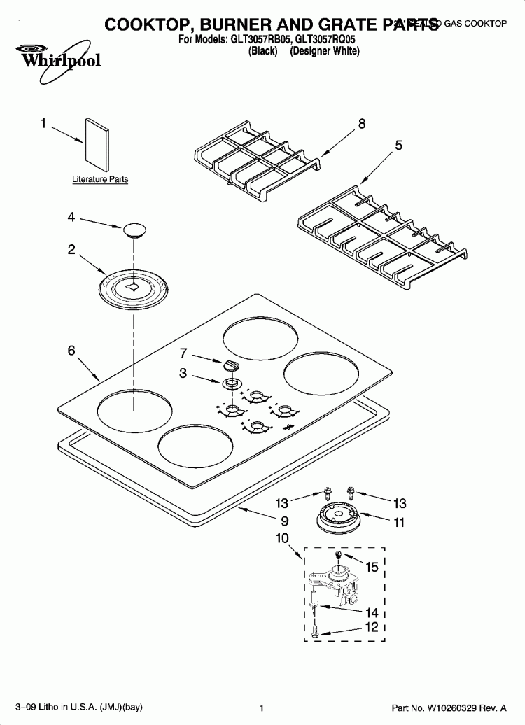 COOKTOP, BURNER AND GRATE PARTS Diagram and Parts List for GLT3057RQ05  Whirlpool Cooktop