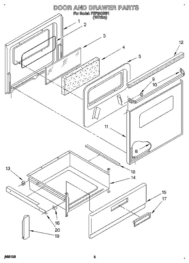 DOOR AND DRAWER Diagram and Parts List for FEP350BW1  Roper Range