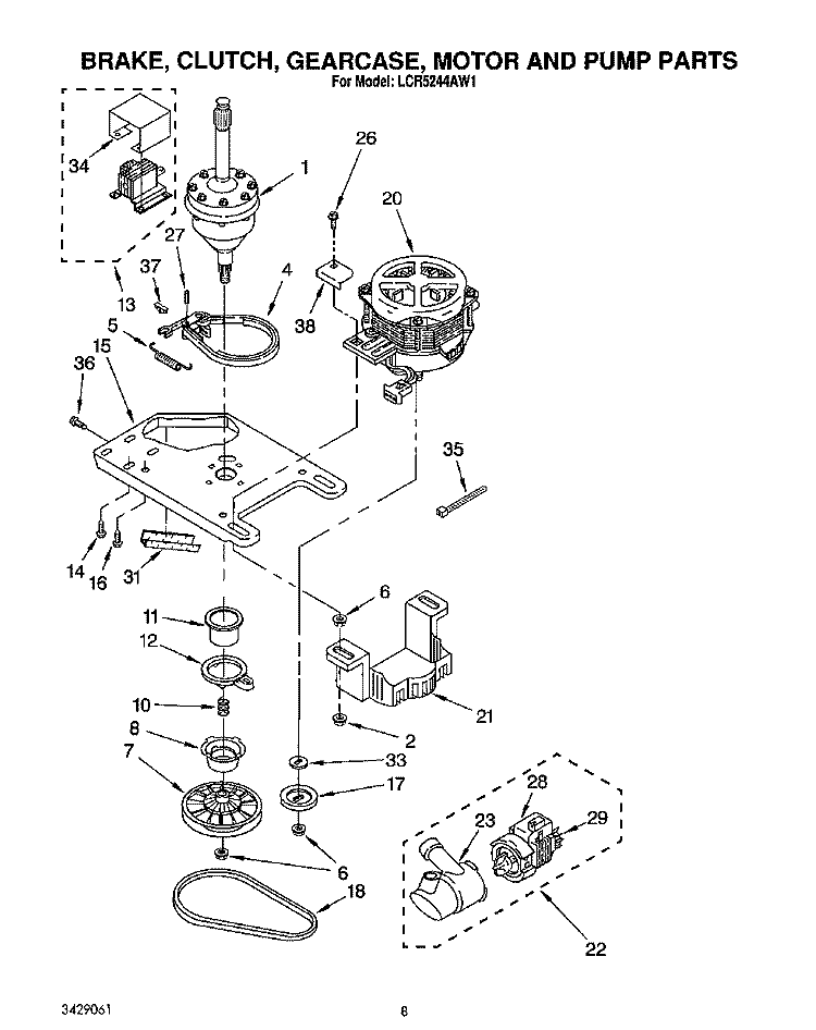 BRAKE, CLUTCH, GEARCASE, MOTOR AND PUMP Diagram and Parts List for LCR5244AN1  Whirlpool Washer
