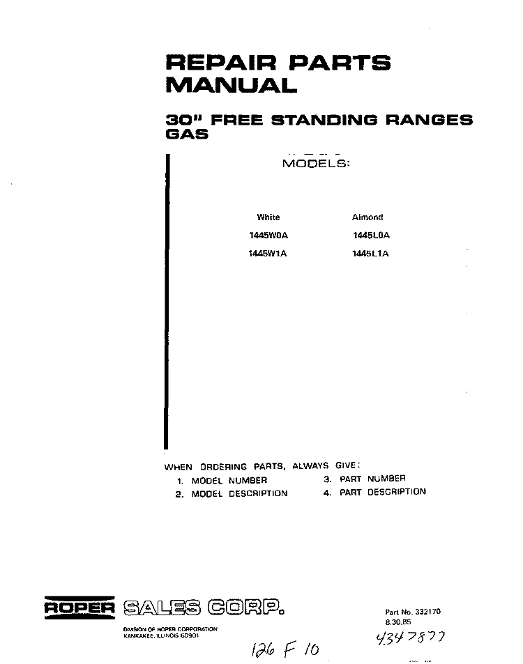 BACKGUARD Diagram and Parts List for 1445W1A  Roper Range