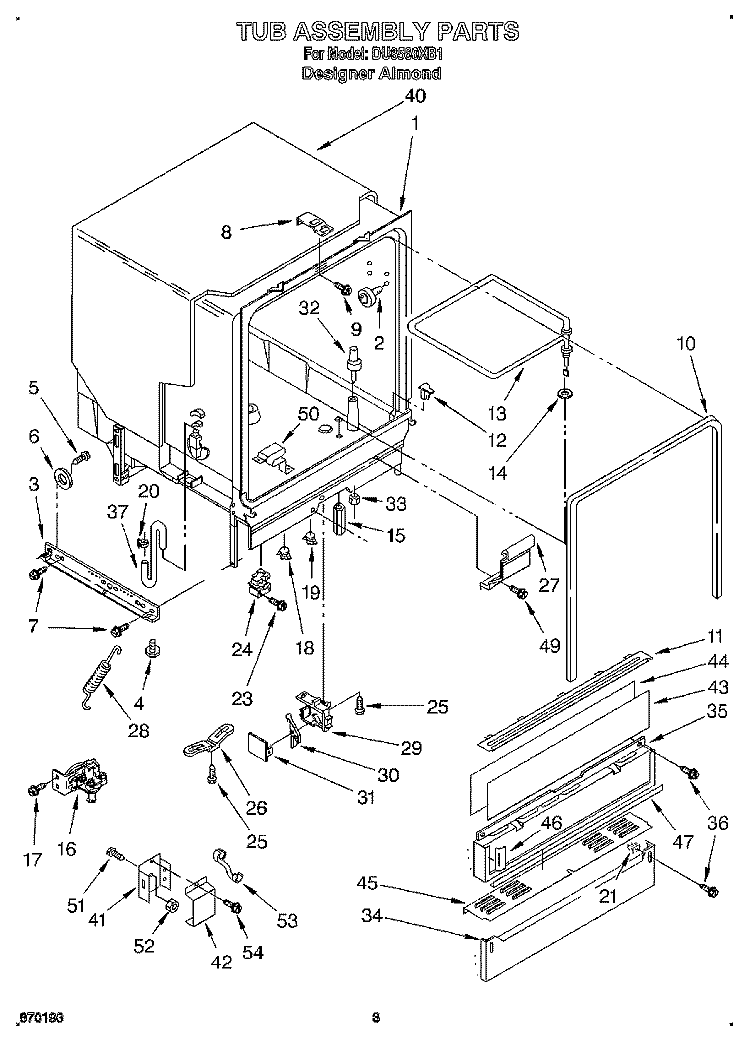 TUB ASSEMBLY Diagram and Parts List for DU8560XB1  Whirlpool Dishwasher