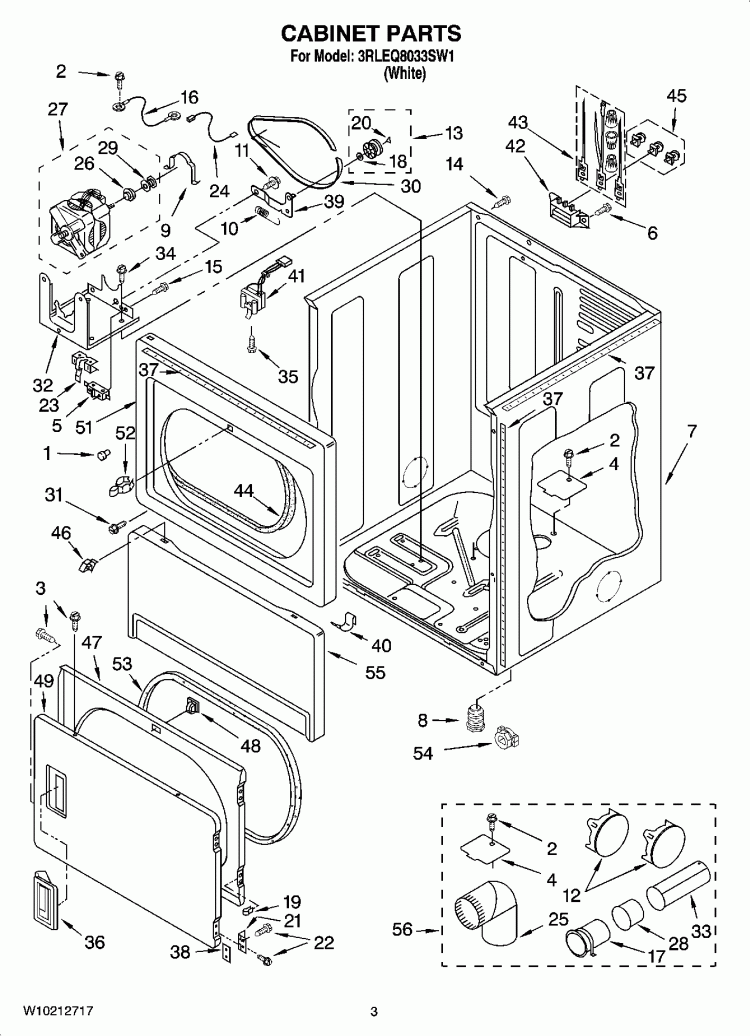 CABINET PARTS Diagram and Parts List for 3RLEQ8033SW1  Whirlpool Dryer