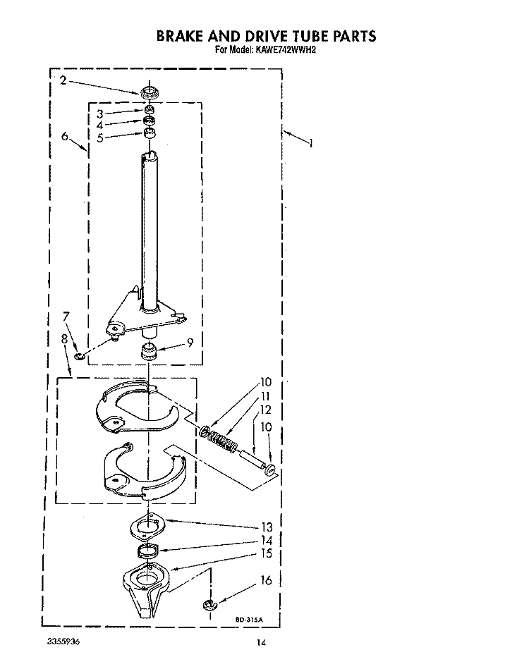 BRAKE AND DRIVE TUBE Diagram and Parts List for KAWE742WWH2  KitchenAid Washer