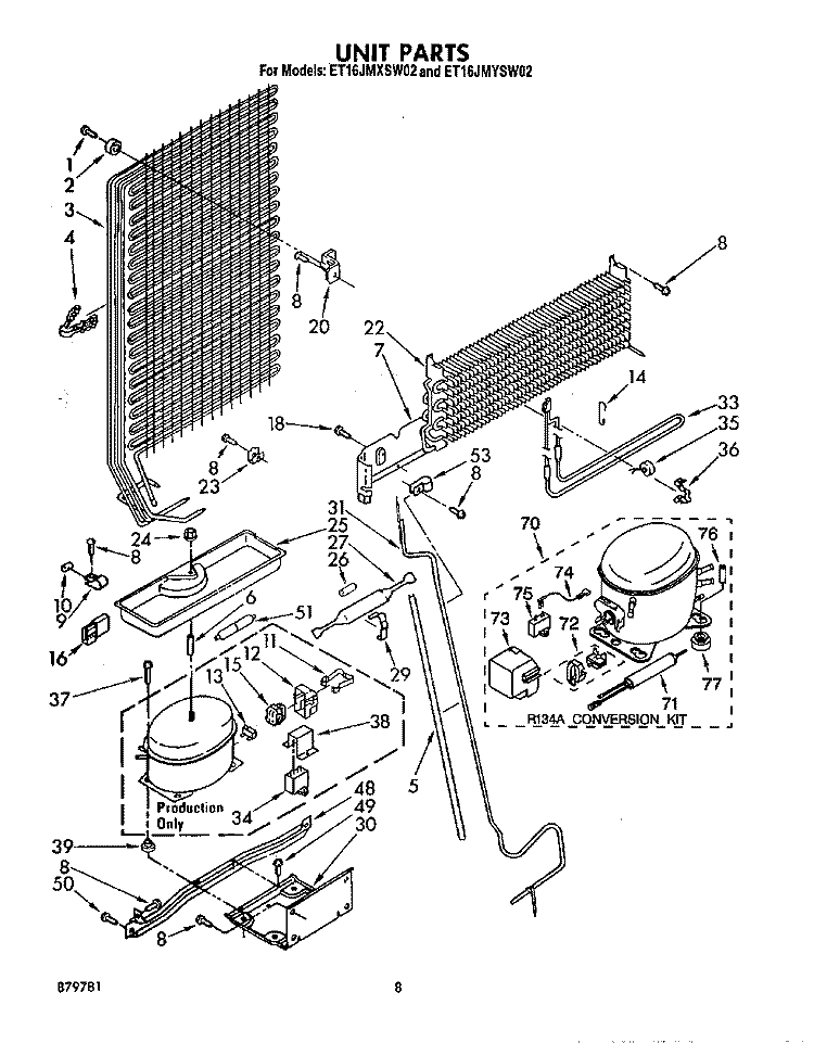 UNIT Diagram and Parts List for ET16JMXSW02  Whirlpool Refrigerator