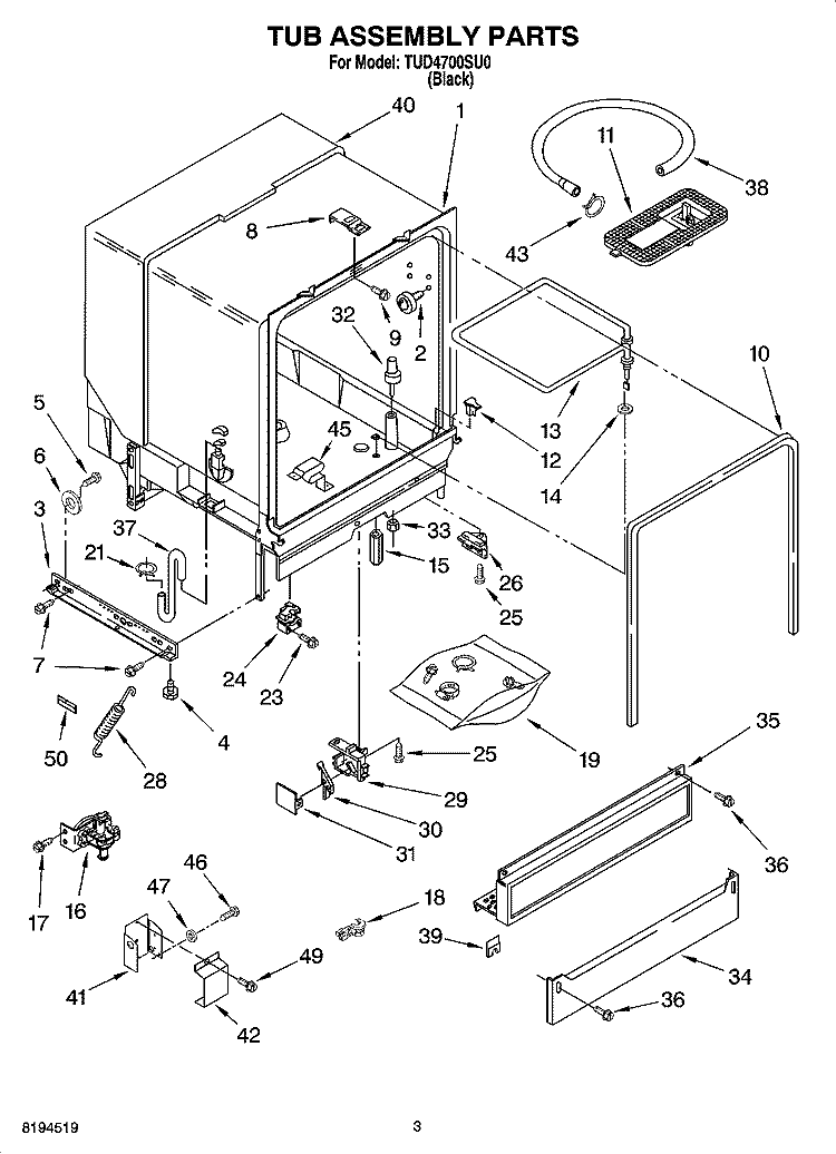 TUB ASSEMBLY PARTS Diagram and Parts List for TUD4700SU0  Estate Dishwasher
