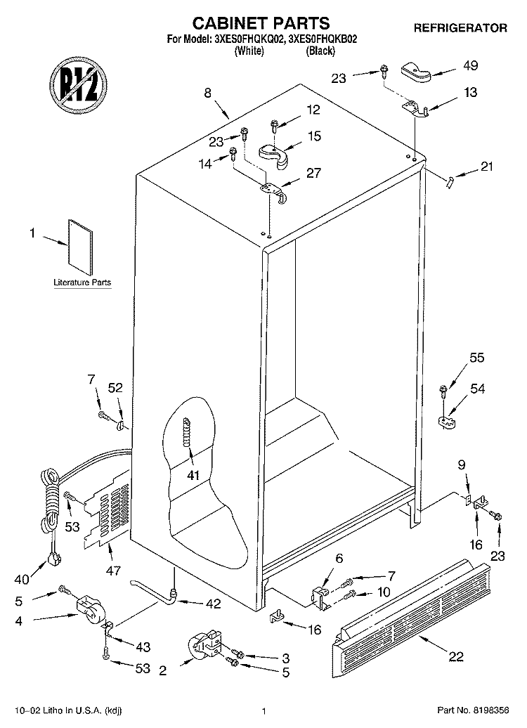 CABINET, LITERATURE Diagram and Parts List for 3XES0FHQKQ02  Whirlpool Refrigerator