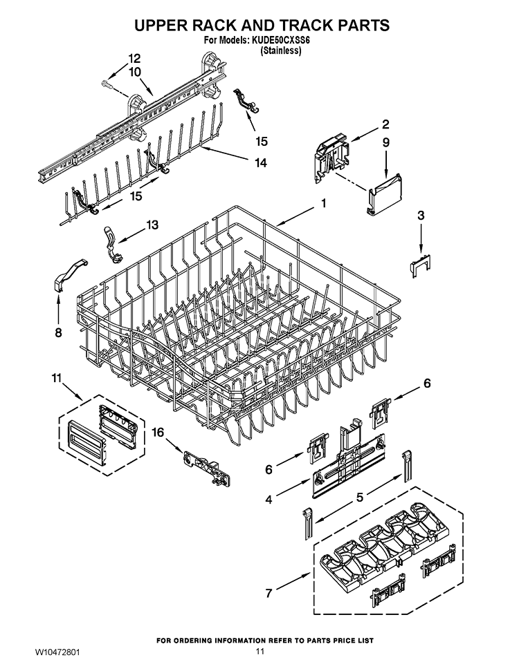 UPPER RACK AND TRACK PARTS Diagram and Parts List for KUDE50CXSS6  KitchenAid Dishwasher