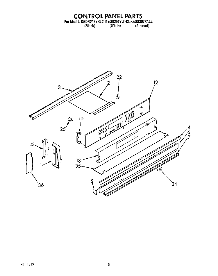 CONTROL PANEL, OPTIONAL Diagram and Parts List for KEDS207YWH2  KitchenAid Range