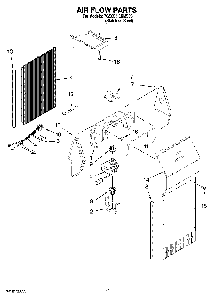AIR FLOW PARTS Diagram and Parts List for 7GS6SHEXMS03  Whirlpool Refrigerator