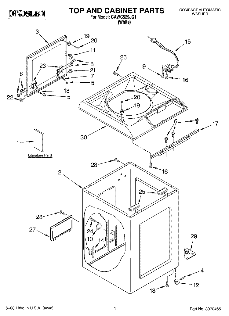 TOP AND CABINET PARTS Diagram and Parts List for CAWC529JQ1  Crosley Washer