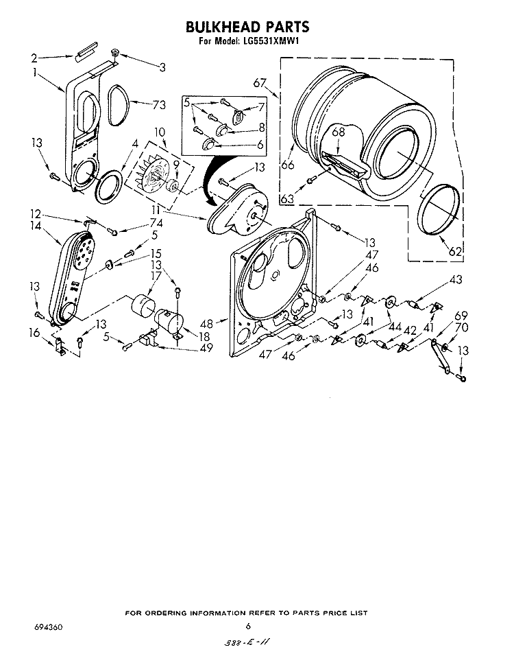 BULKHEAD Diagram and Parts List for LG5531XMW1  Whirlpool Dryer