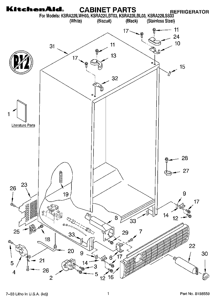 CABINET PARTS Diagram and Parts List for KSRA22ILBL03  KitchenAid Refrigerator