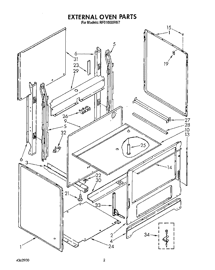 EXTERNAL OVEN Diagram and Parts List for RF0100XRW7  Whirlpool Range