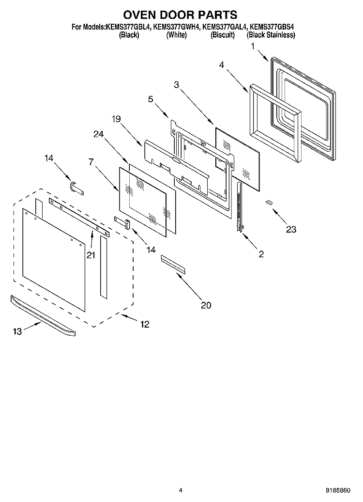 OVEN DOOR Diagram and Parts List for KEMS377GBL4  KitchenAid Microwave Oven Combo