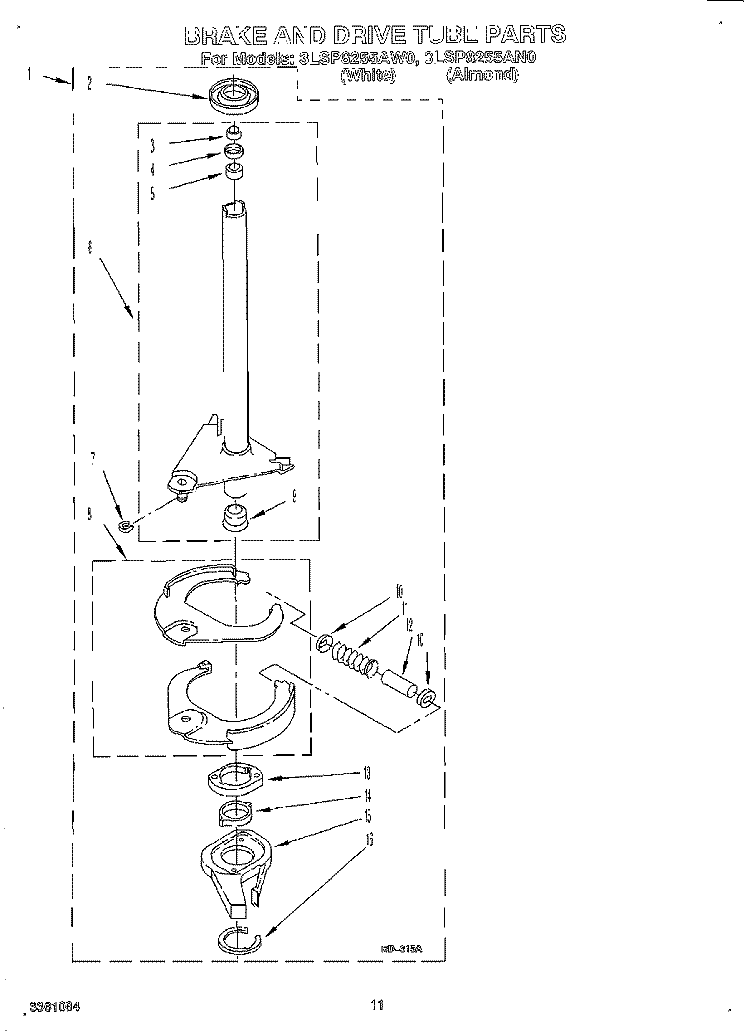 BRAKE AND DRIVE TUBE Diagram and Parts List for 3LSP8255AW0  Whirlpool Washer