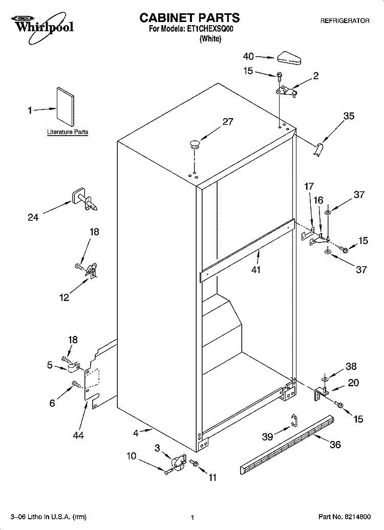 CABINET PARTS Diagram and Parts List for ET1CHEXSQ00  Whirlpool Refrigerator