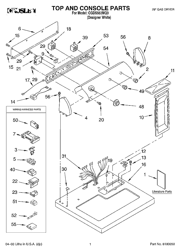 TOP AND CONSOLE PARTS Diagram and Parts List for CGDS563MQ0  Crosley Dryer