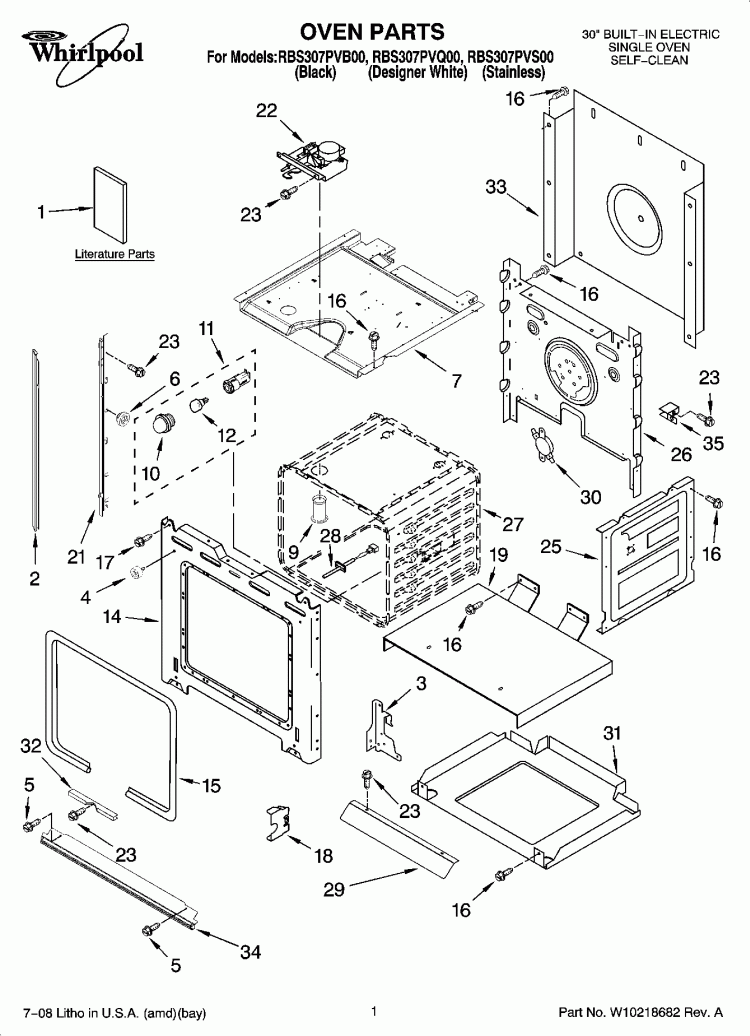 OVEN PARTS Diagram and Parts List for RBS307PVQ00  Whirlpool Wall Oven