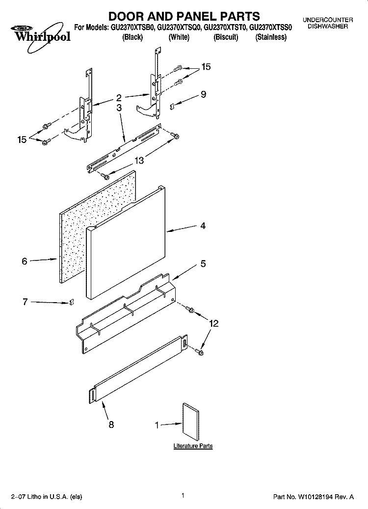 DOOR AND PANEL PARTS Diagram and Parts List for GU2370XTST0  Whirlpool Dishwasher