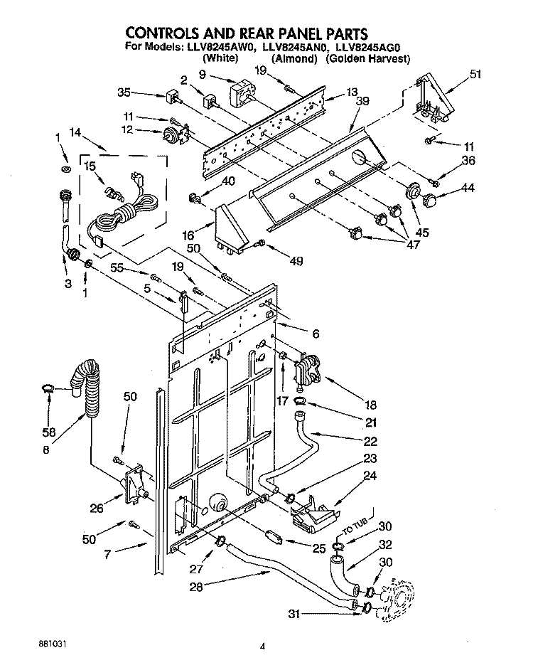 CONTROLS AND REAR PANEL Diagram and Parts List for LLV8245AG0  Whirlpool Washer