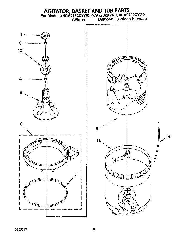 AGITATOR, BASKET AND TUB Diagram and Parts List for 4CA2782XYG0  Whirlpool Washer