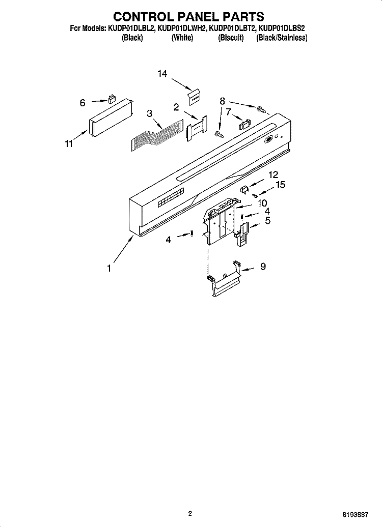 CONTROL PANEL PARTS Diagram and Parts List for KUDP01DLBL2  KitchenAid Dishwasher