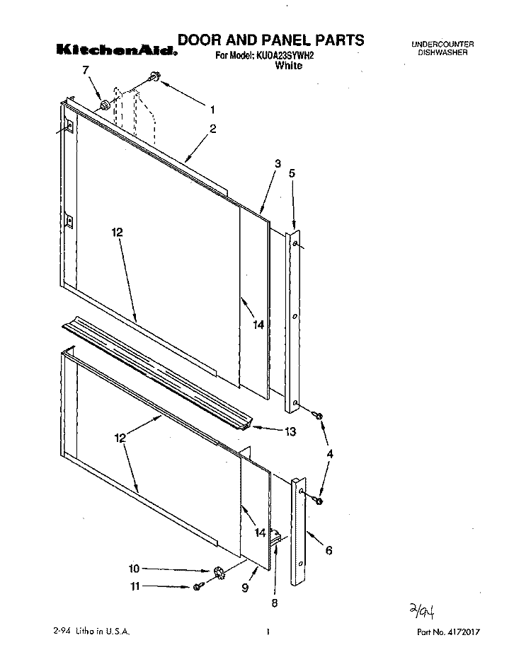 DOOR AND PANEL Diagram and Parts List for KUDA23SYWH2  KitchenAid Dishwasher