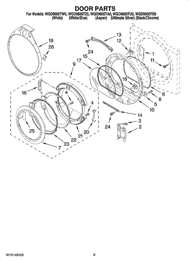 DOOR PARTS, OPTIONAL PARTS (NOT INCLUDED) Diagram and Parts List for WGD9600TW0  Whirlpool Dryer