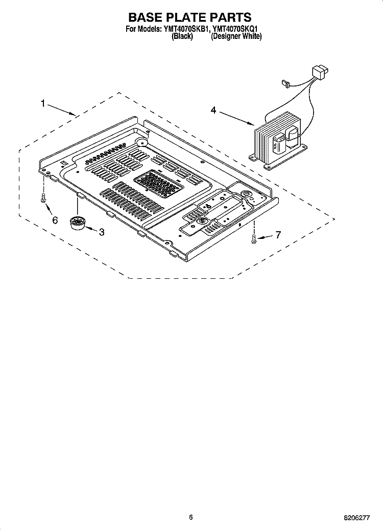 BASE PLATE PARTS Diagram and Parts List for YMT4070SKB1  Whirlpool Microwave