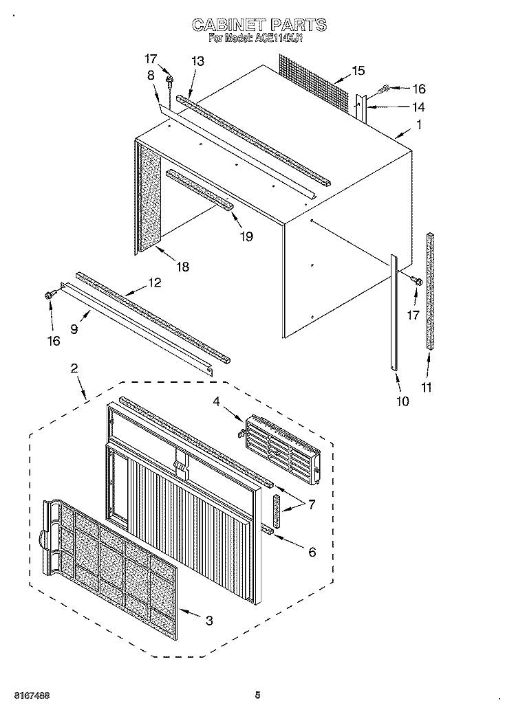 CABINET PARTS Diagram and Parts List for ACE114XJ1  Whirlpool Air Conditioner