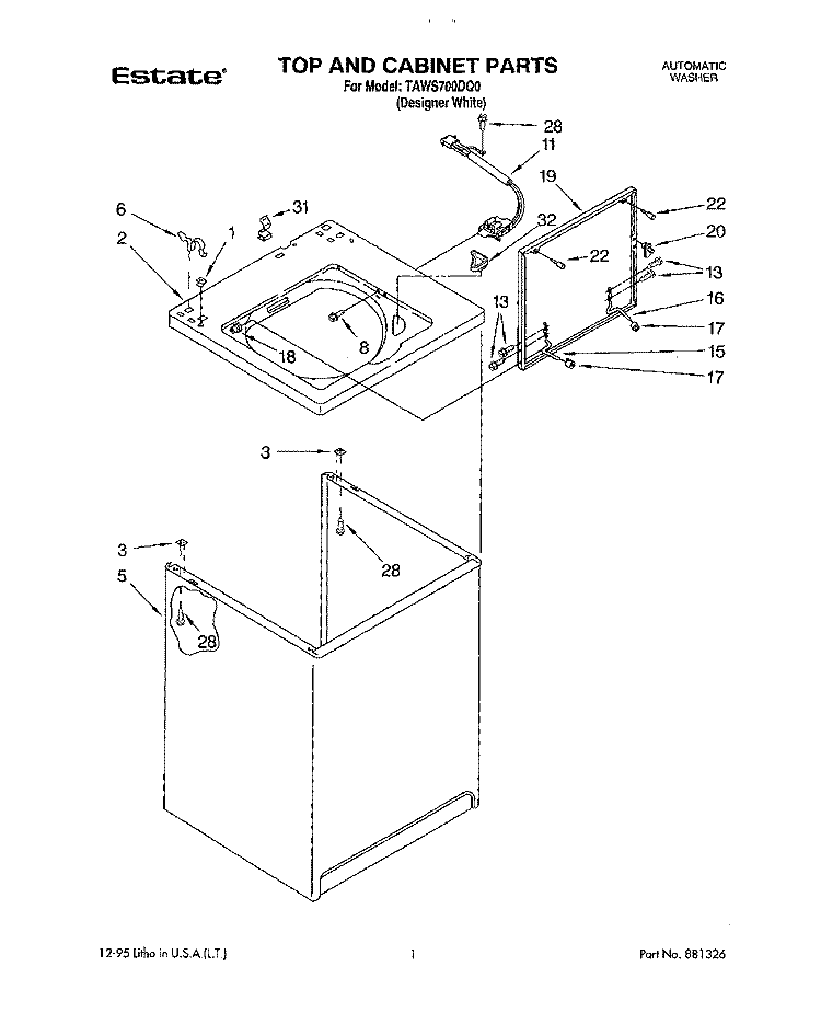 TOP AND CABINET Diagram and Parts List for TAWS700DQ0  Estate Washer