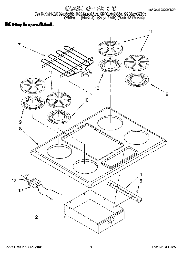 COOKTOP Diagram and Parts List for KGCG260SAL5  KitchenAid Cooktop