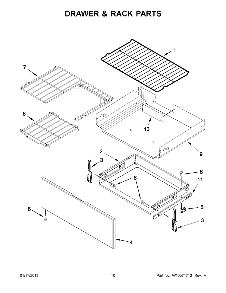 DRAWER & RACK PARTS Diagram and Parts List for YWFE710H0BB0  Whirlpool Range