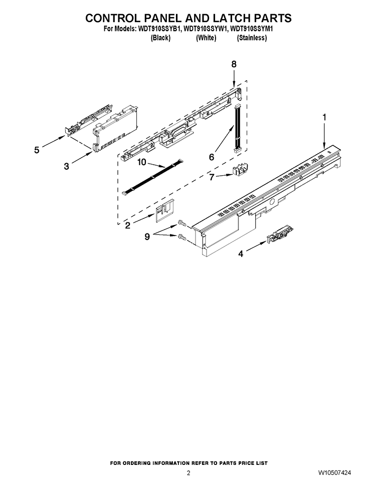 CONTROL PANEL AND LATCH PARTS Diagram and Parts List for WDT910SSYW1  Whirlpool Dishwasher