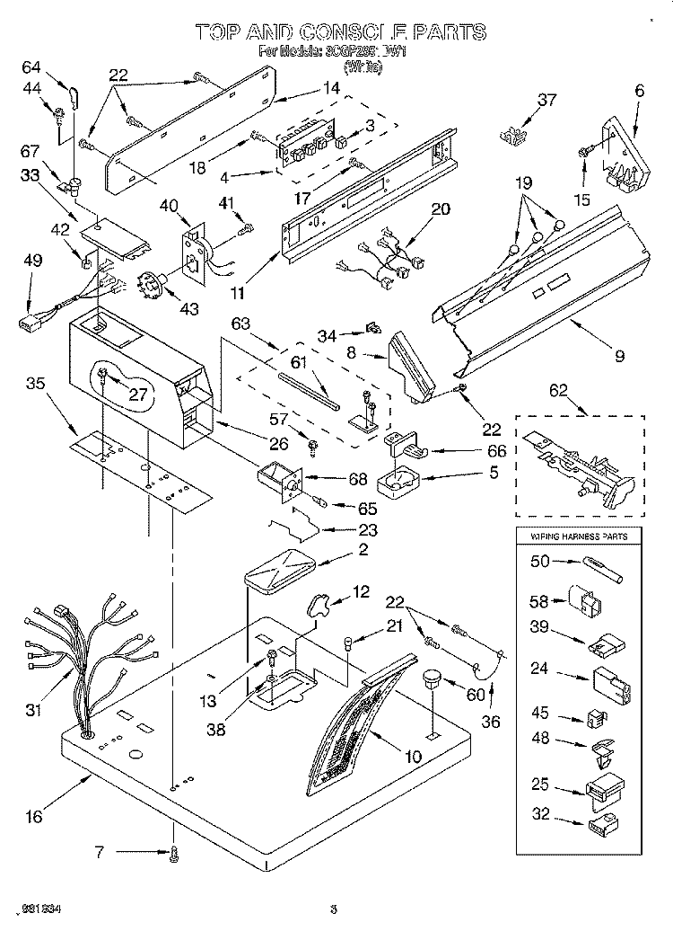 TOP AND CONSOLE Diagram and Parts List for 3CGP2951DW1  Whirlpool Dryer