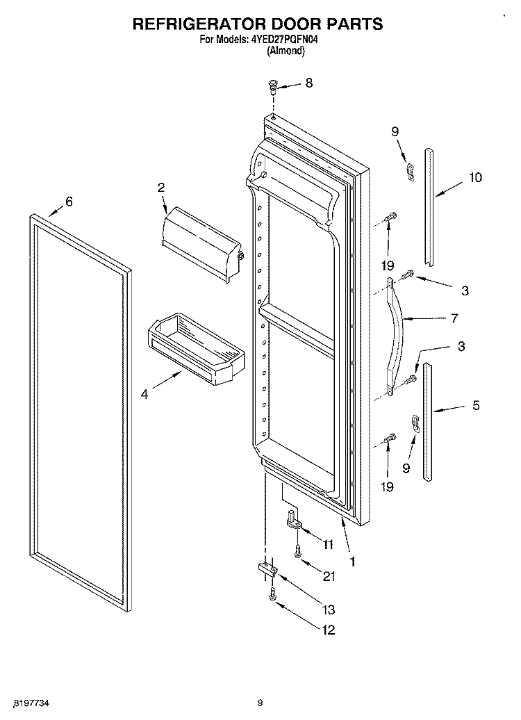 REFRIGERATOR DOOR Diagram and Parts List for 4YED27PQFN04  Whirlpool Refrigerator