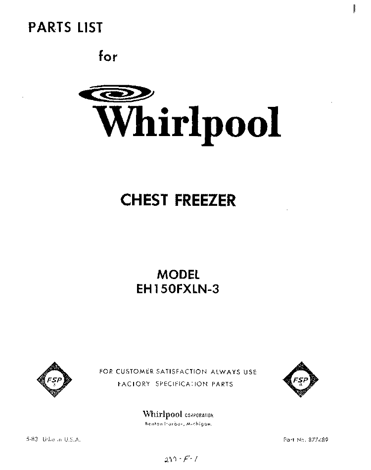 SECTION Diagram and Parts List for EH150FXLN3  Whirlpool Freezer