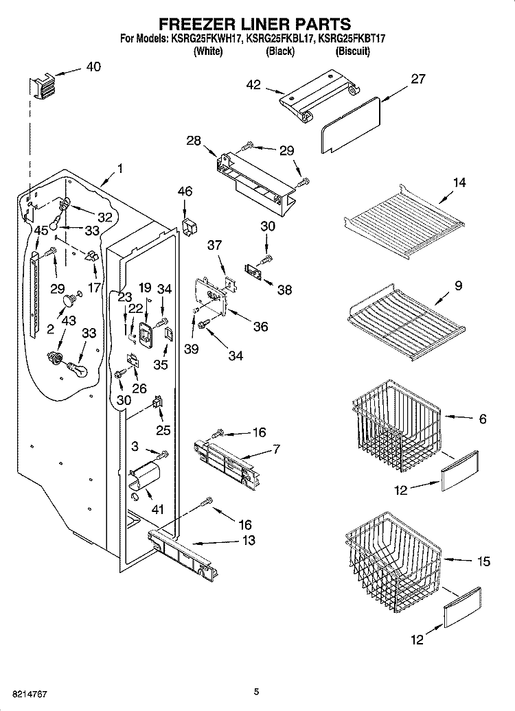 FREEZER LINER PARTS Diagram and Parts List for KSRG25FKBT17  KitchenAid Refrigerator