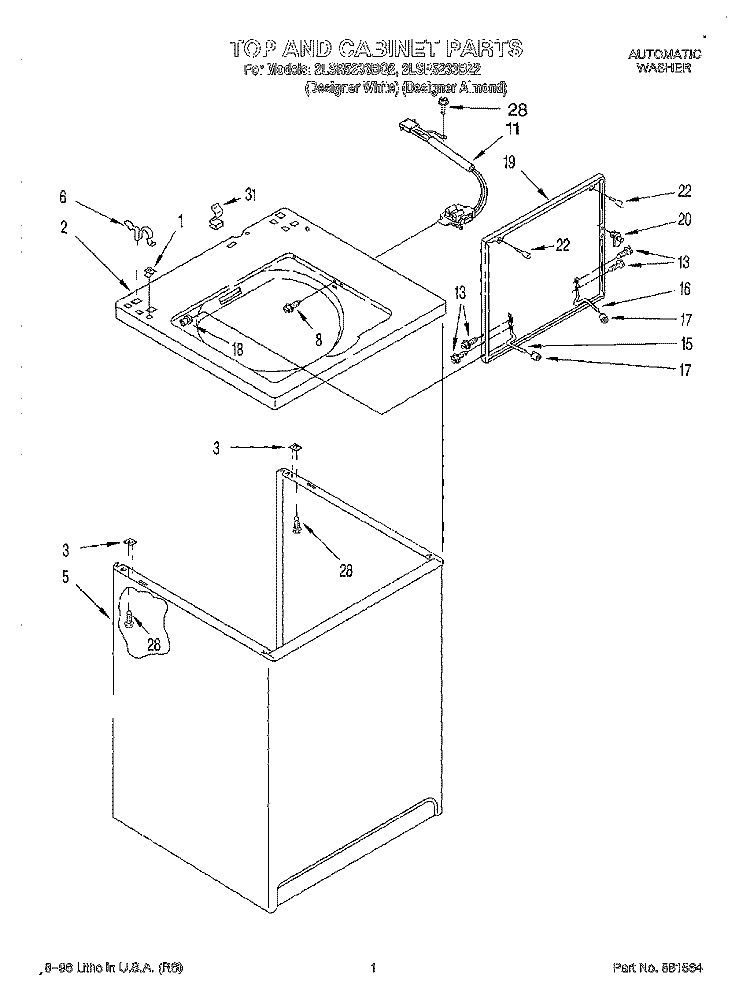TOP AND CABINET Diagram and Parts List for 2LSR5233BQ2  Whirlpool Washer