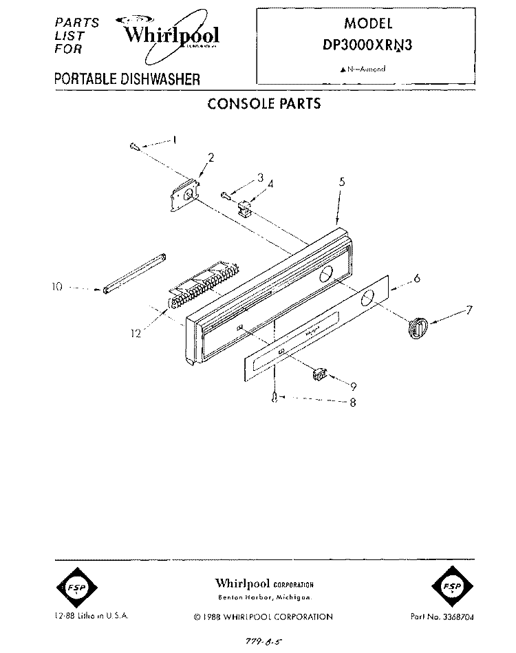 CONSOLE Diagram and Parts List for DP3000XRN3  Whirlpool Dishwasher