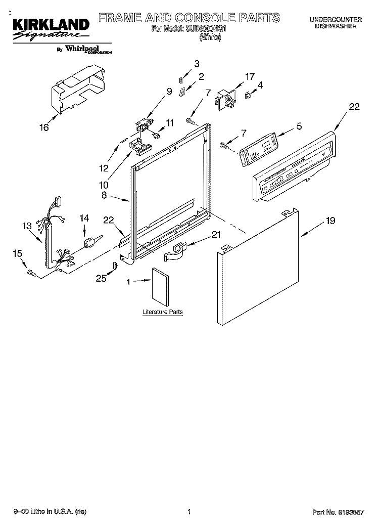 FRAME & CONSOLE, LITERATURE Diagram and Parts List for SUD6000HQ1  Whirlpool Dishwasher