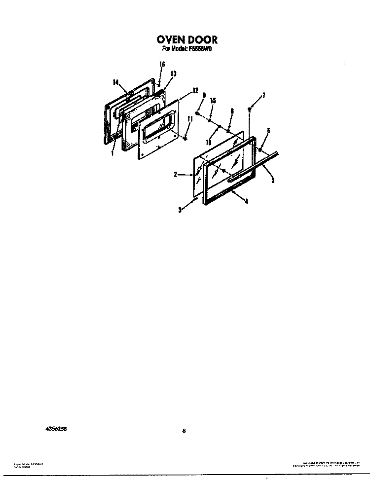OVEN DOOR Diagram and Parts List for F6558W0  Roper Range